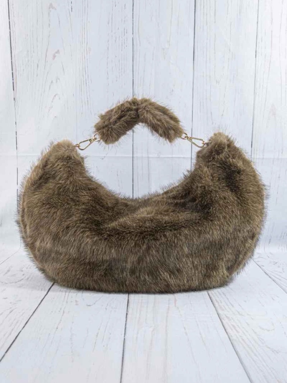 A486. Plush Faux-Fur Crescent Shoulder Bag in Brown